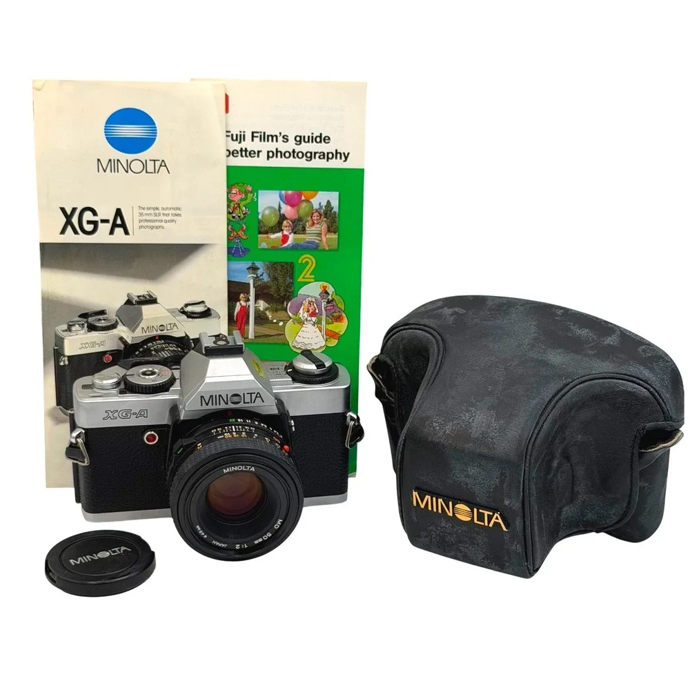 Minolta XG-A 35mm SLR Film Camera with MD 50mm 1:2 Lens Case and Manuals Parts